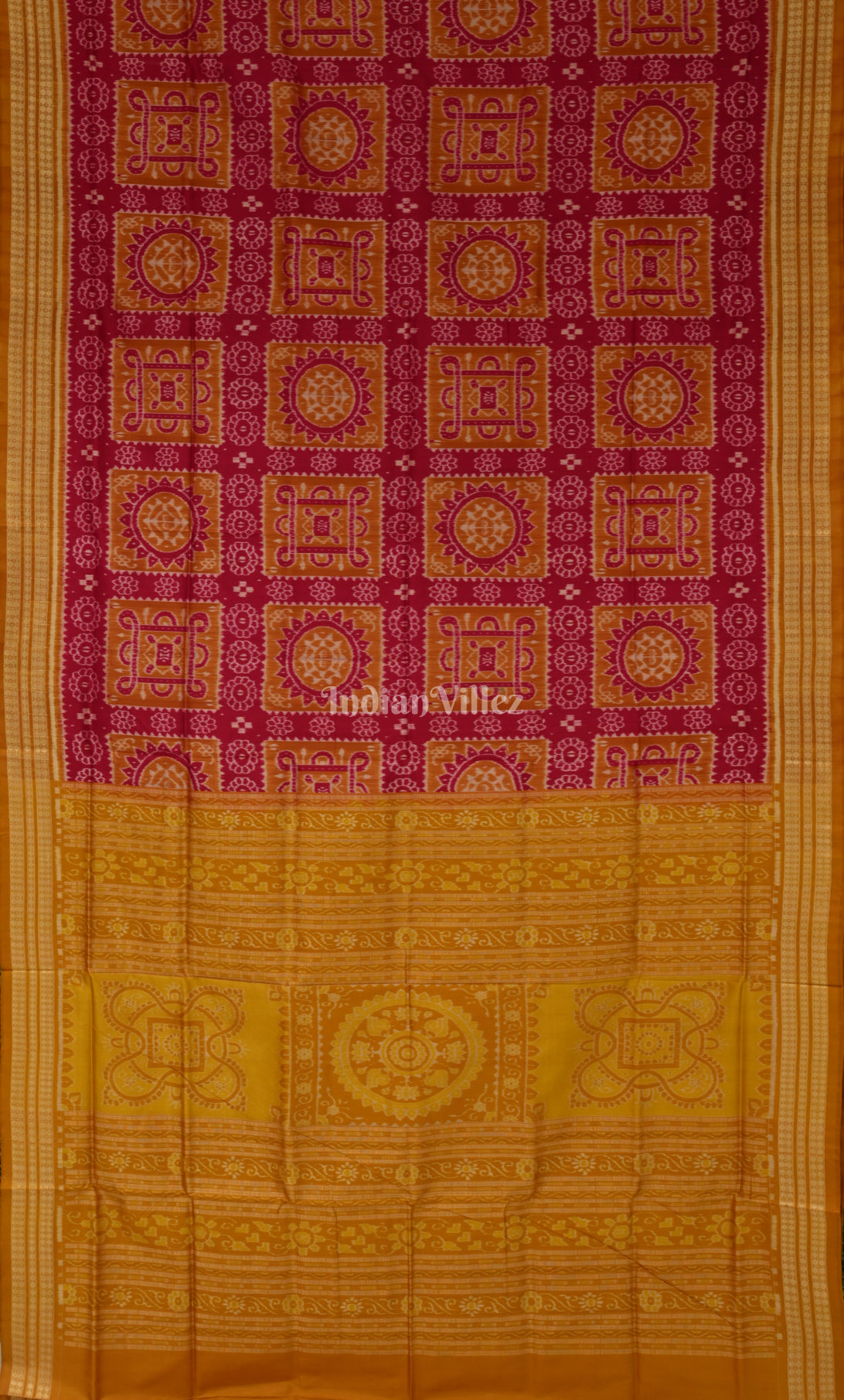 Rani Pink Mustard Yellow Jhoti Motif Odisha Ikat Sambalpuri Silk Saree 