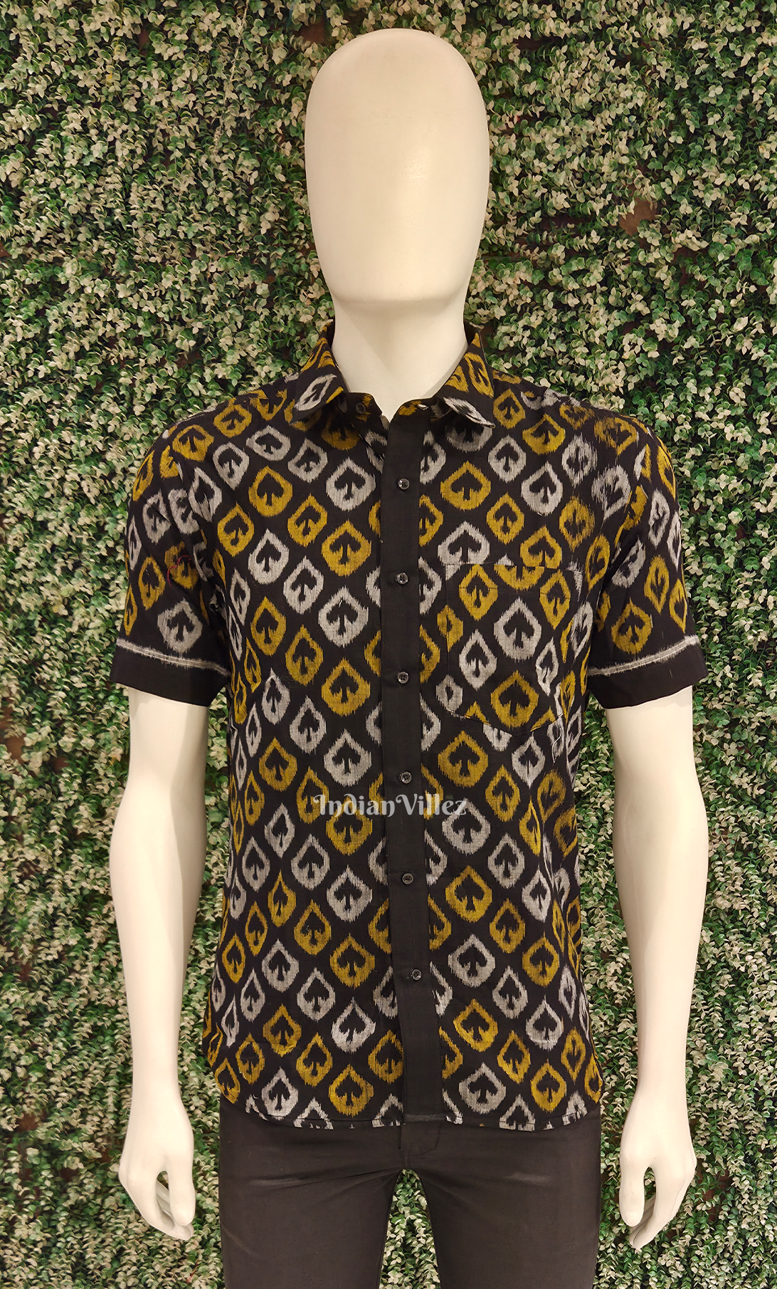 Black Yellow  Mashroom Theme Odisha Ikat Cotton Half Sleeve Shirt for Men 