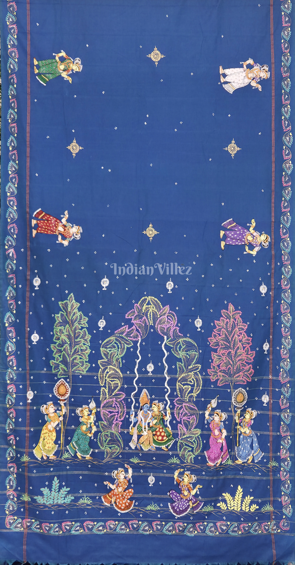 Blue Radha krishna Doli Theme Hand-Painted Pattachitra Saree