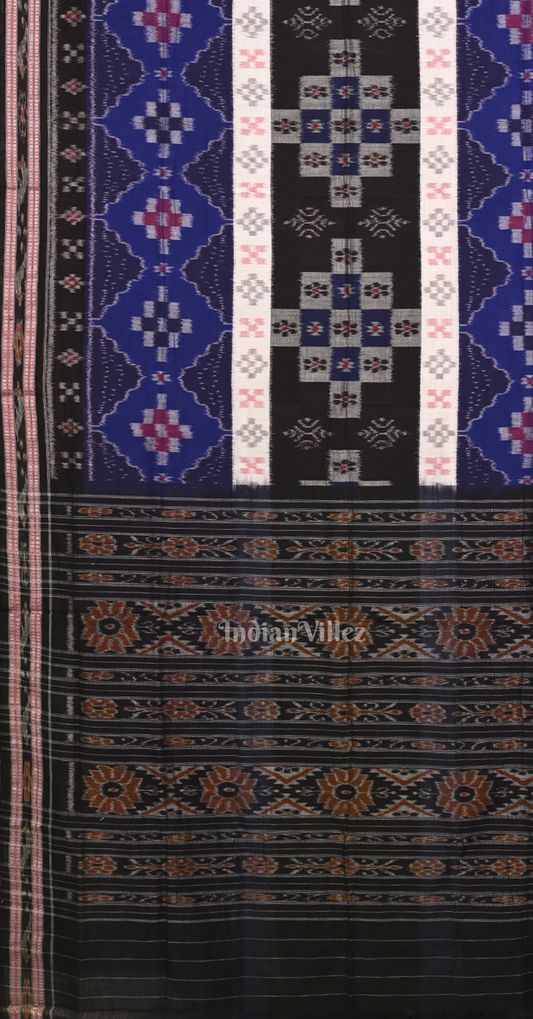 Black Blue Pasapali Triple Layer Odisha Ikat Sambalpuri Cotton Saree 