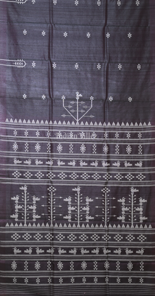 Grey Gopalpur Tussar Silk Saree  Inspired by Ganjam Bomkai Theme