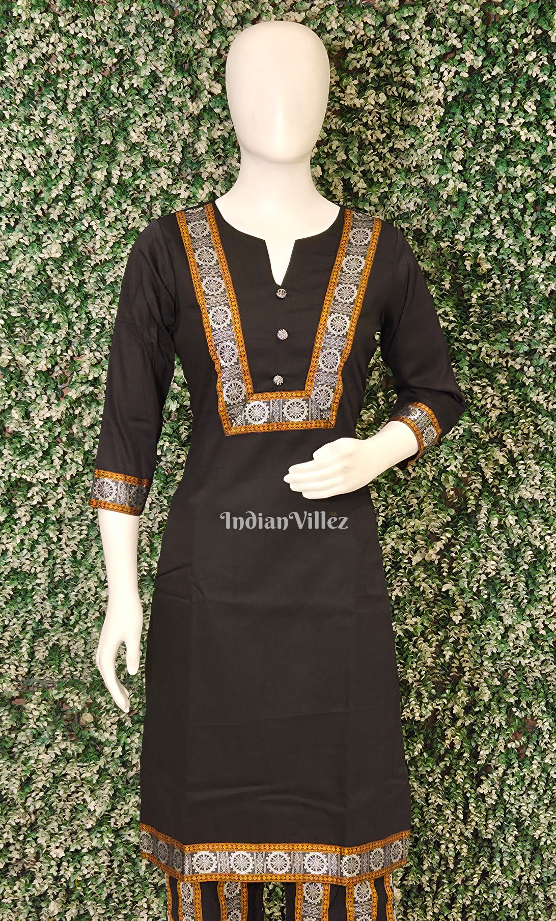 Black Golden Konark Chakra Odisha Ikat Designer Cotton Kurti Set with Pallazo