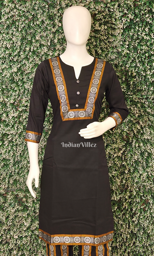 Black Golden Konark Chakra Odisha Ikat Designer Cotton Kurti Set with Pallazo