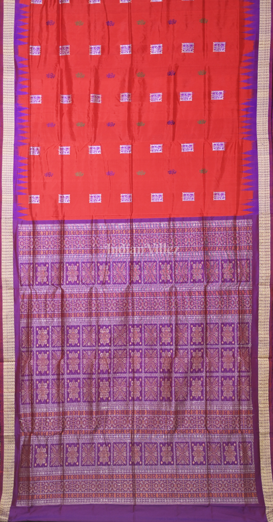 Red Purple Tribal Motif Odisha Ikat Bomkai Sambalpuri Silk Saree 