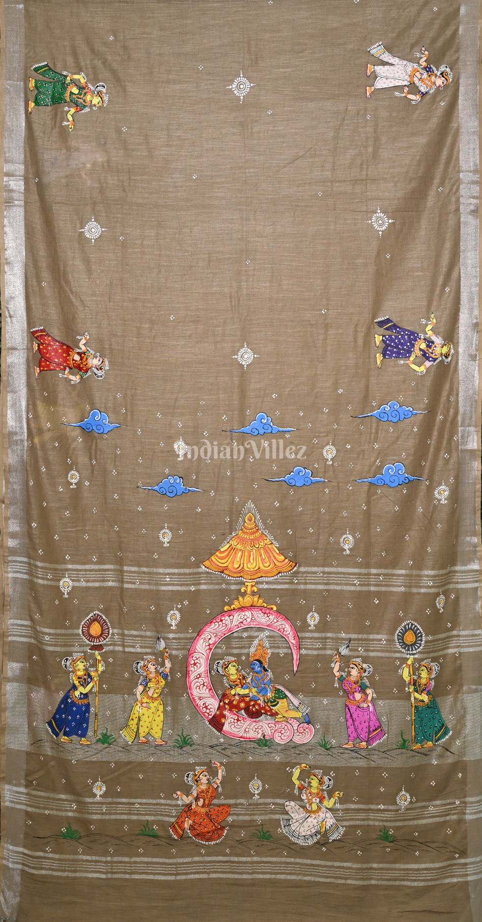 Mashroom Brown Ardha Chandra Krishna Rasa Leela Hand-Painted Pattachitra Saree