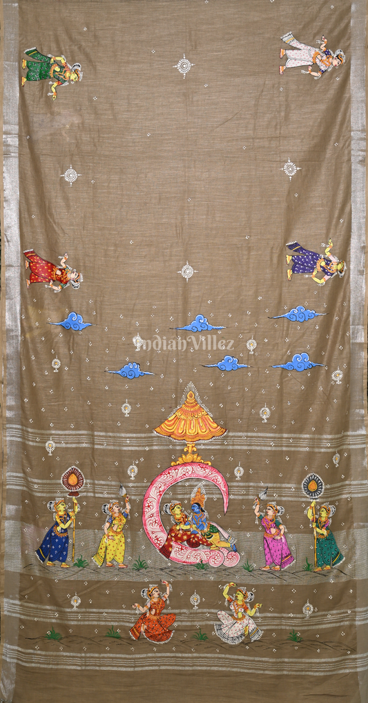  Mashroom Brown Ardha Chandra Krishna Rasa Leela Hand-Painted Pattachitra Saree