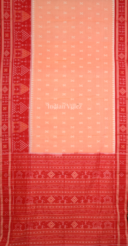 Peach Red Tribal Border Odisha Ikat Sambalpuri Pure Cotton Saree
