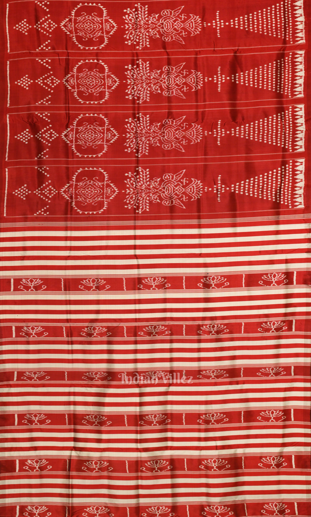 Red Jhoti Theme Odisha Ikat Contemporary Silk Saree with Lotus Anchal