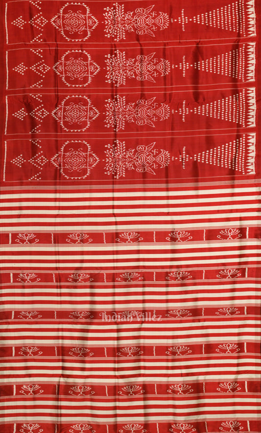 Red Jhoti Theme Odisha Ikat Contemporary Silk Saree with Lotus Anchal