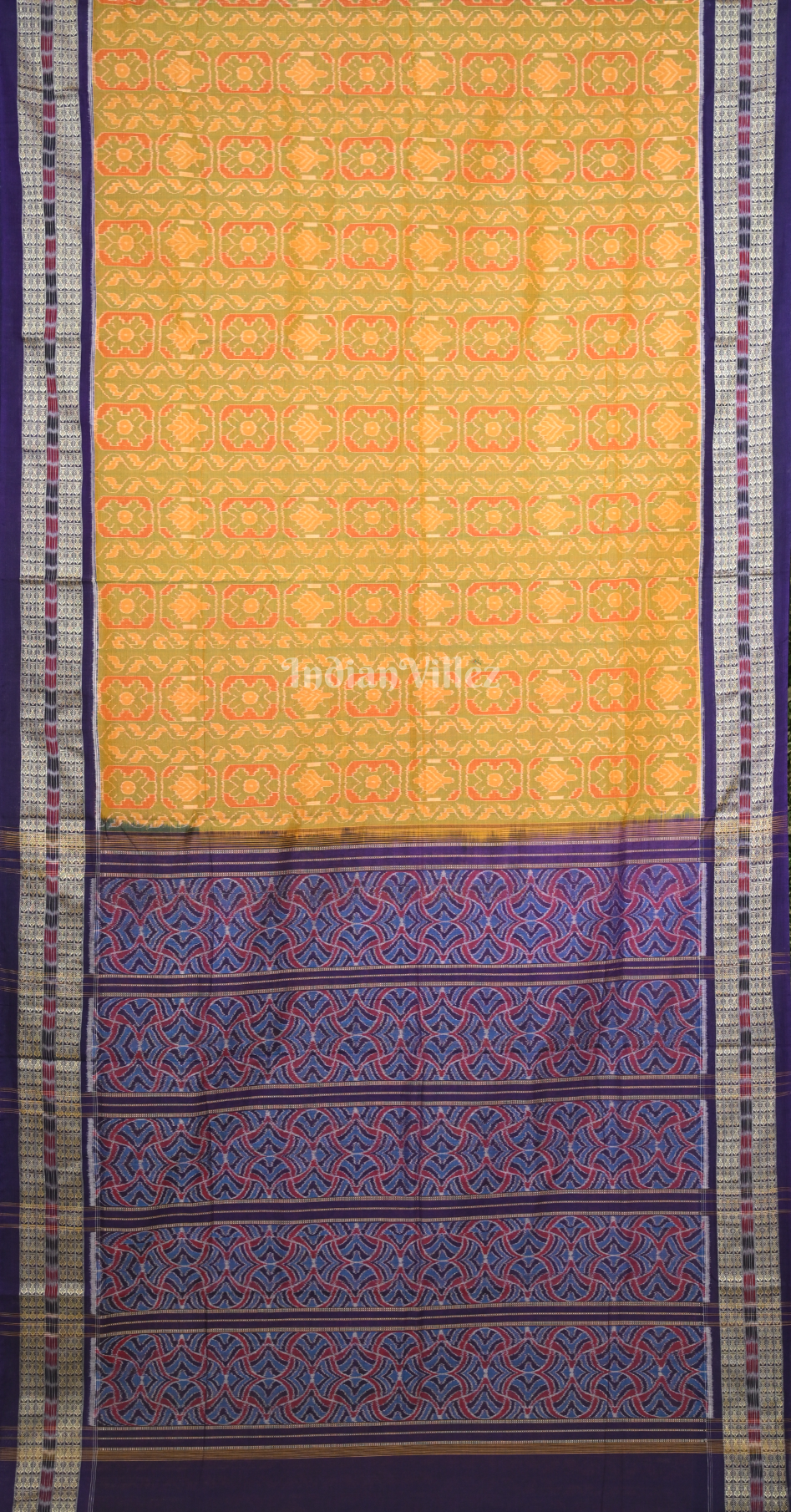 Mustard Yellow Purple Floral Motif Odisha Ikat Sambalpuri Cotton Saree 