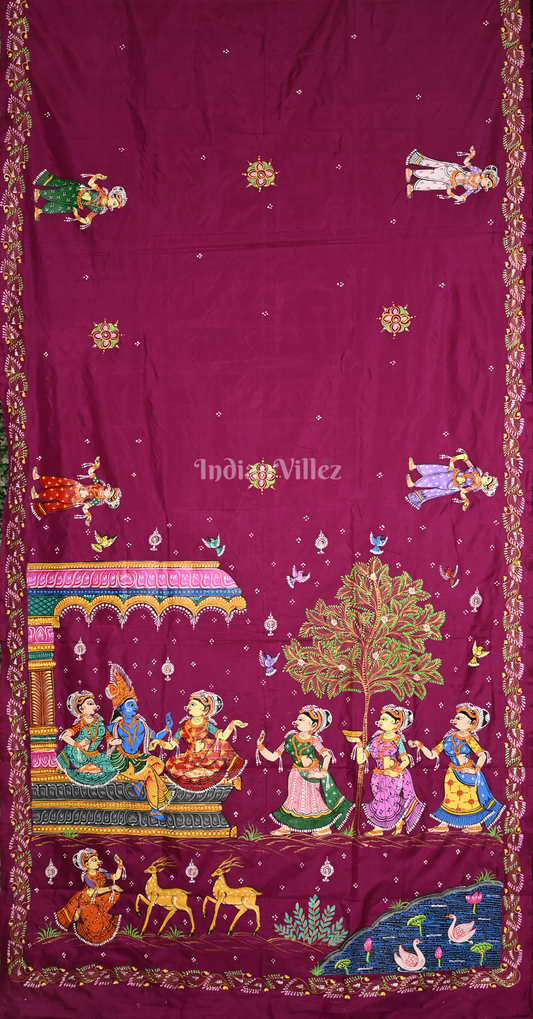 Magenta Pink Radha Krishna Raas Leela Hand-Painted Pattachitra Saree 
