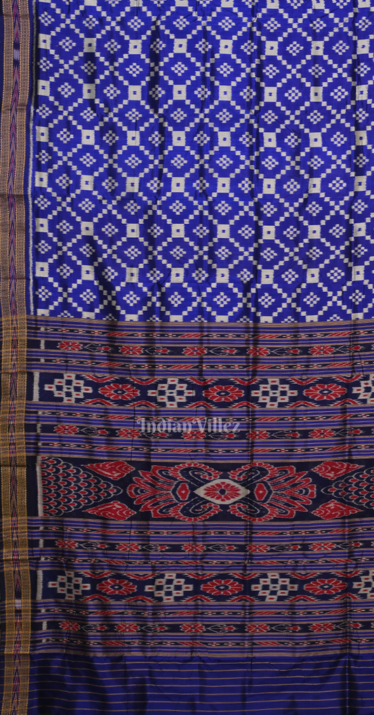 Blue White Pasapali Odisha Ikat Khandua Silk Saree 