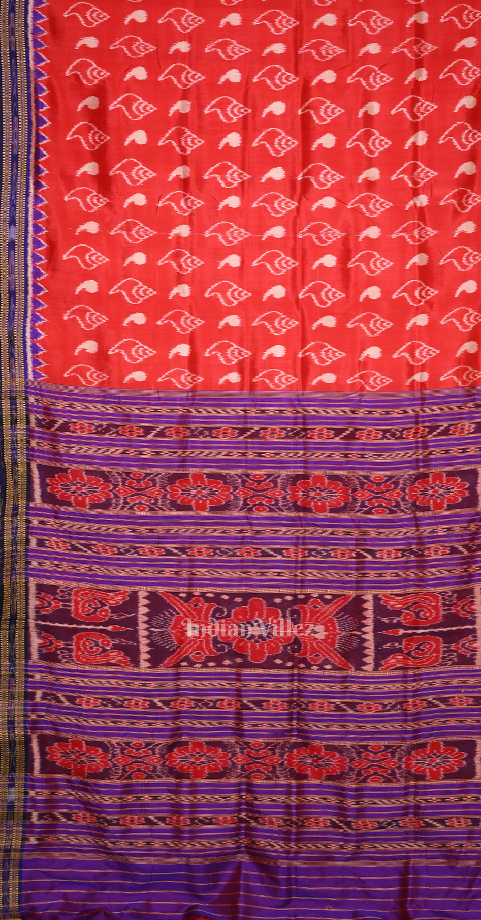 Red Blue Sankha Motif Odisha Ikat Khandua Silk Saree