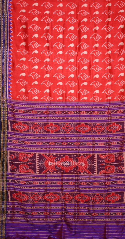 Red Blue Sankha Motif Odisha Ikat Khandua Silk Saree