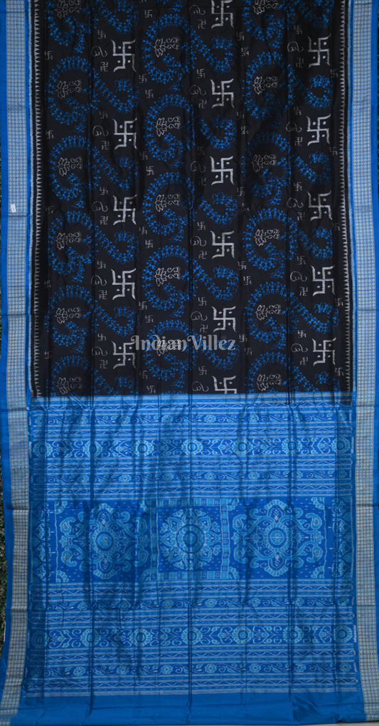 Black Blue Tribal with Swastik Motif Odisha Ikat Sambalpuri Silk Saree 