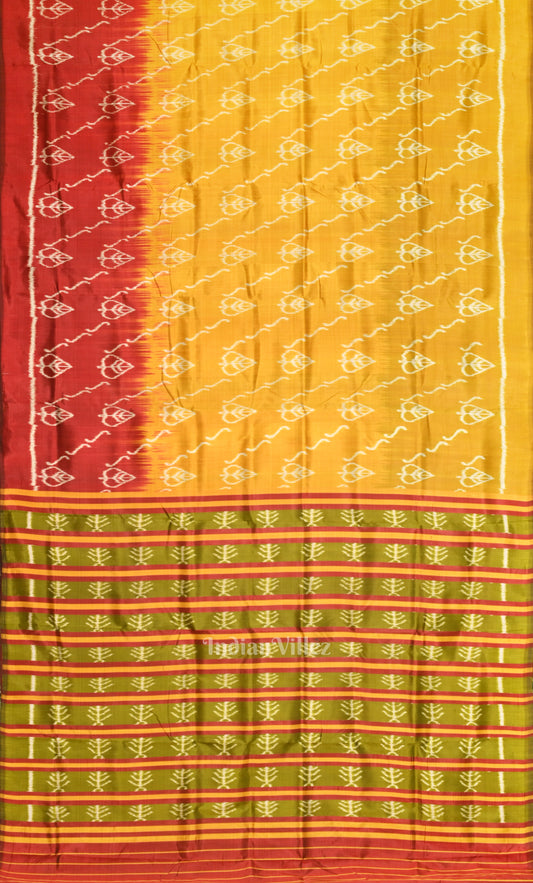 Mustard Yellow Red Odisha Ikat Contemporary Designer Silk Saree with Tribal Anchal