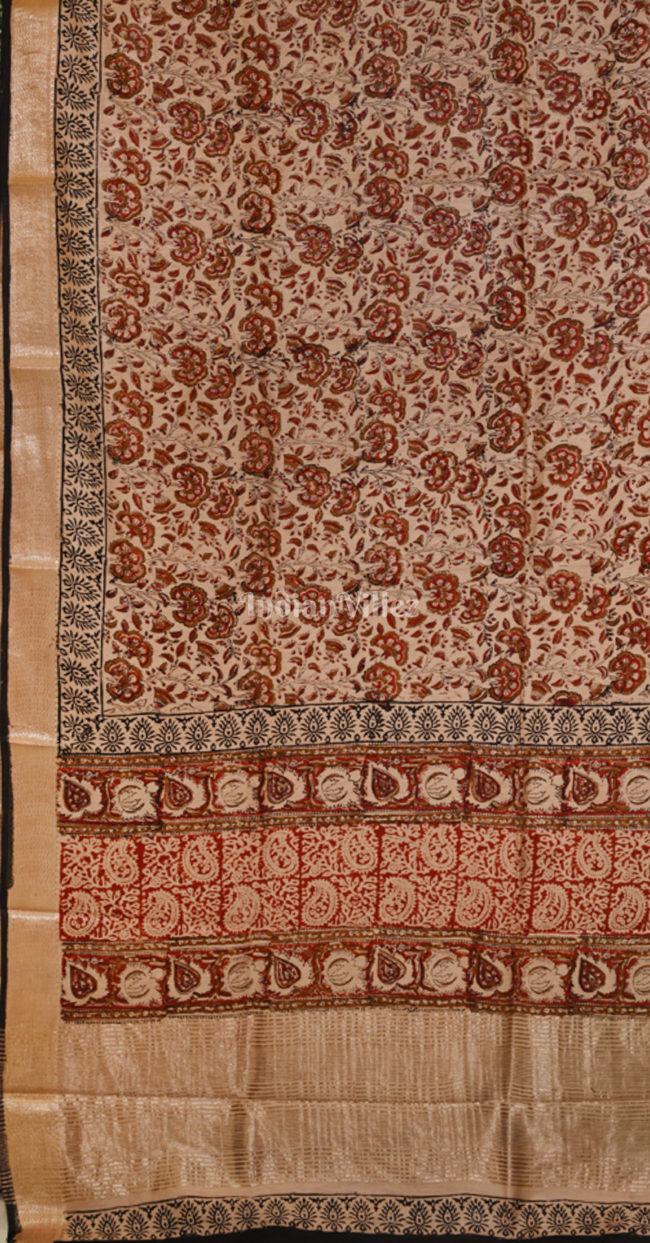 Beige with Maroon Block Printed Bagru Cotton Saree 