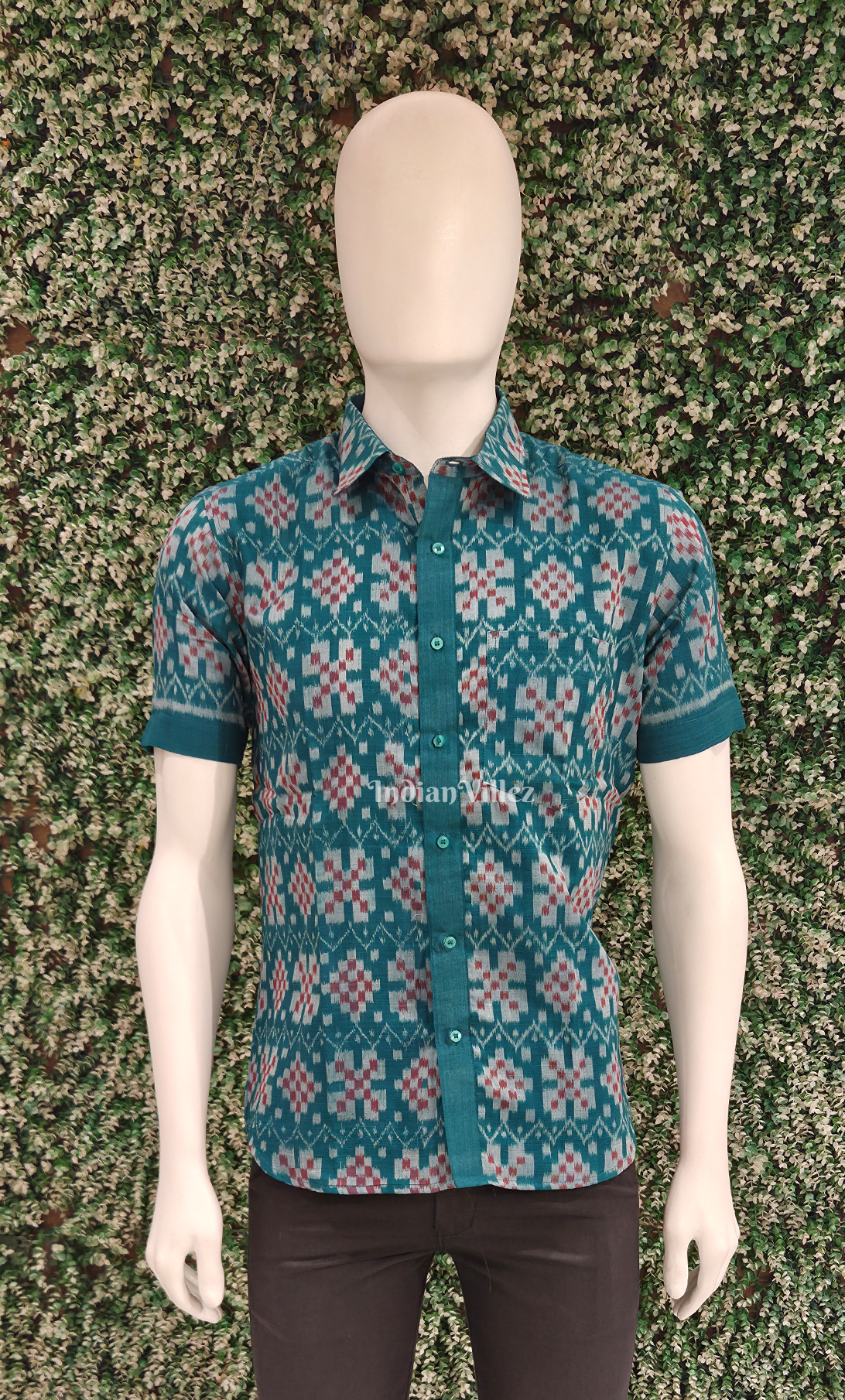 Blue Maroon Odisha Ikat Cotton Half Sleeve Shirt for Men 