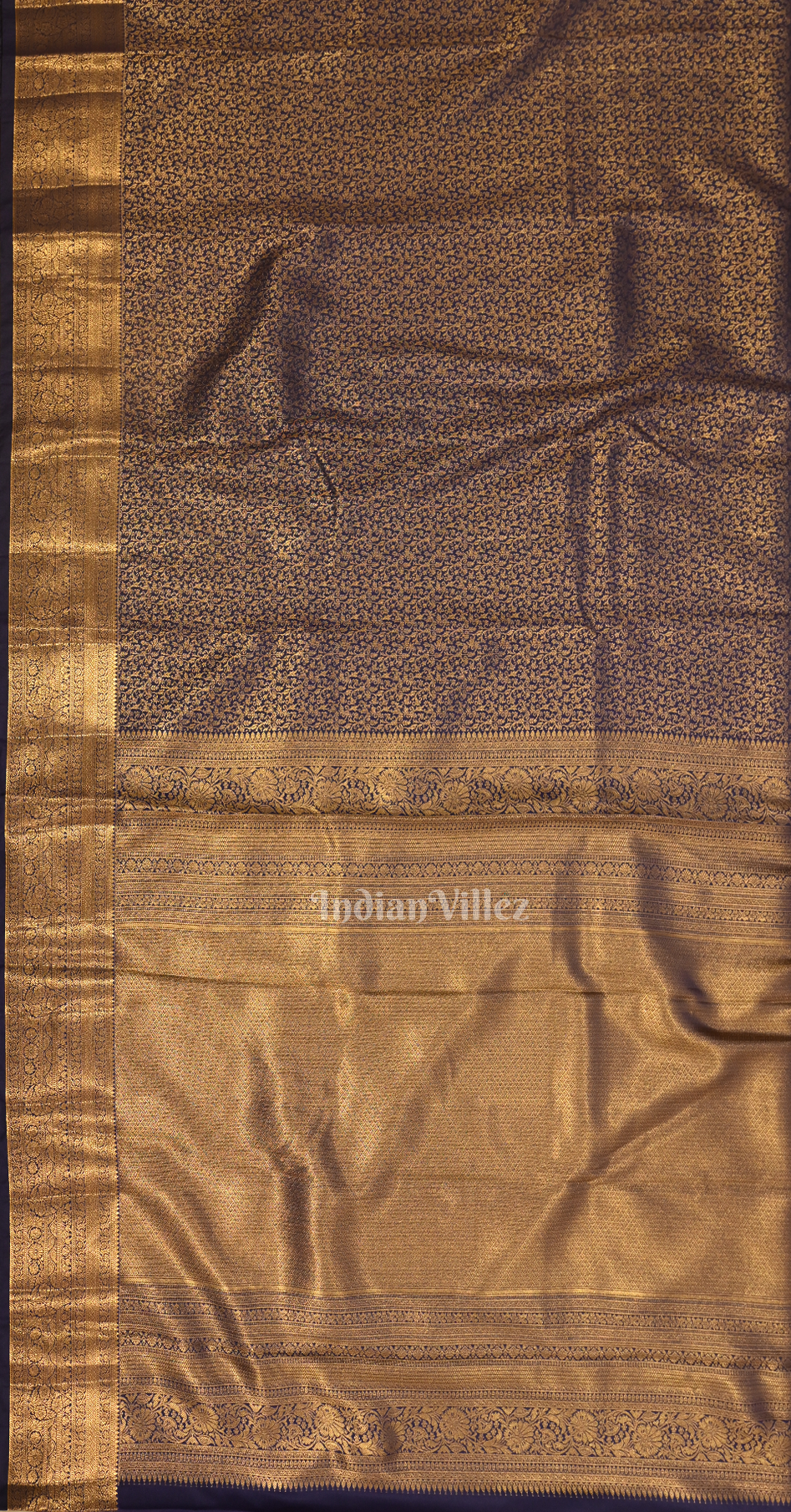 Navy Blue Gold Floral Pure Brocade Kanjivaram Silk Saree
