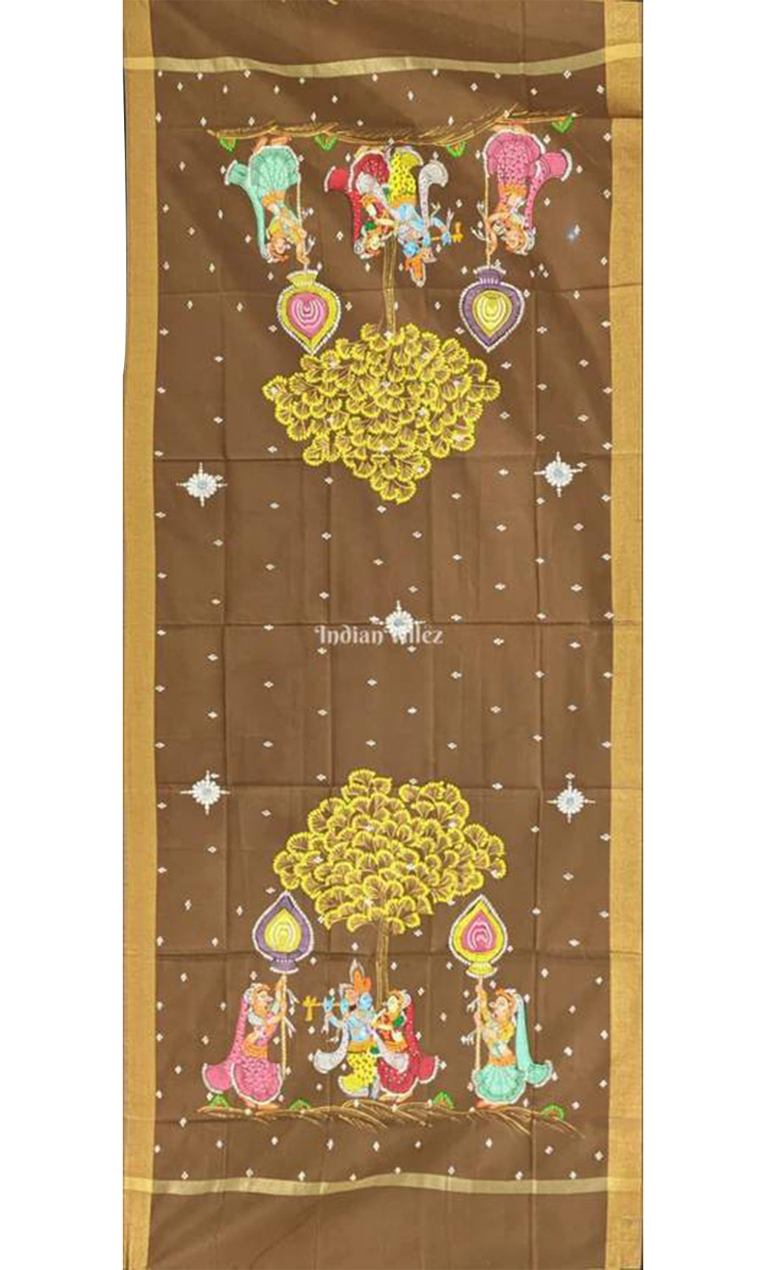 Peanut Brown Radha Krishna Pattachitra Art on Chanderi Dupatta