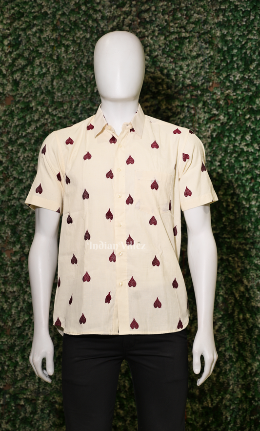 White Maroon Thread work leaf shaped motif Odisha Ikat Cotton Half Sleeve Shirt 