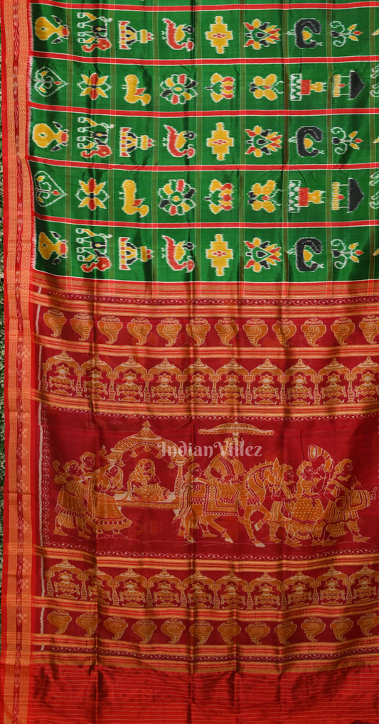 Green Red Nabakothi Odisha Ikat Khandua Silk Saree with Doli Barat Anchal