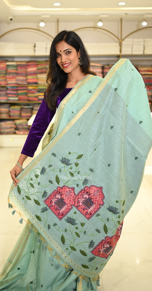 Aqua Blue Linen Cotton Pichwai Saree with Zari Border