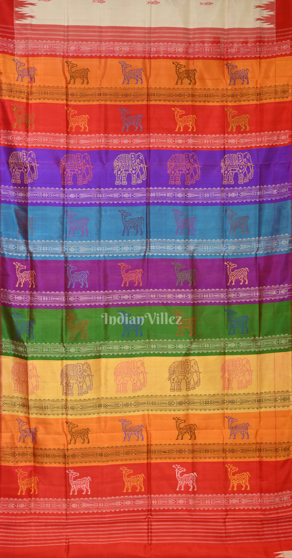 White with MultiColor Fish Motif Double Pallu Berhampuri Silk Saree 