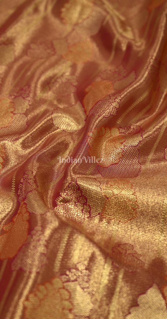 Rust Red Golden Dual Tone Pure Kanjivaram Tissue Silk Saree 