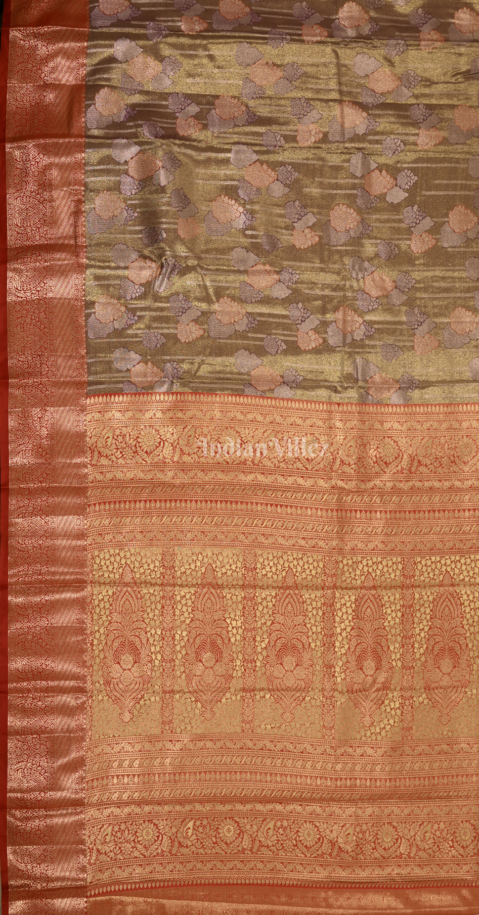 Brown Golden Floral Pure Kanjivaram Tissue Silk Saree