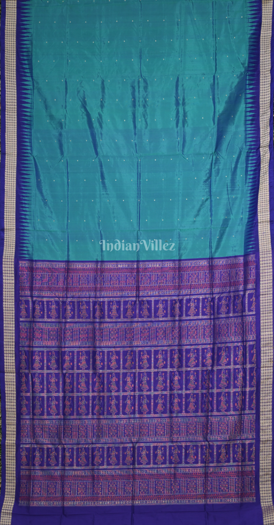 Cyan Blue Purple Buti Design Odisha Ikat Bomkai Sambalpuri Silk Saree 