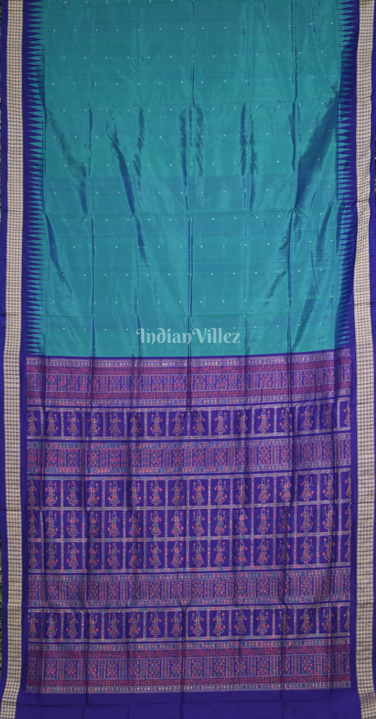 Cyan Blue Purple Buti Design Odisha Ikat Bomkai Sambalpuri Silk Saree 