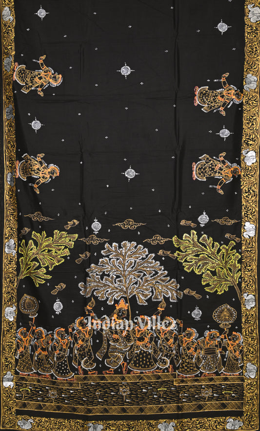 Black Krishna Raas Leela Hand-Painted Pattachitra Saree 