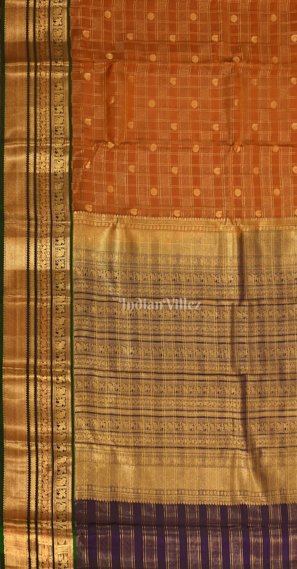 Rust Orange Coffee Check Butta Design Brocade Pure Kanjivaram Silk Saree 