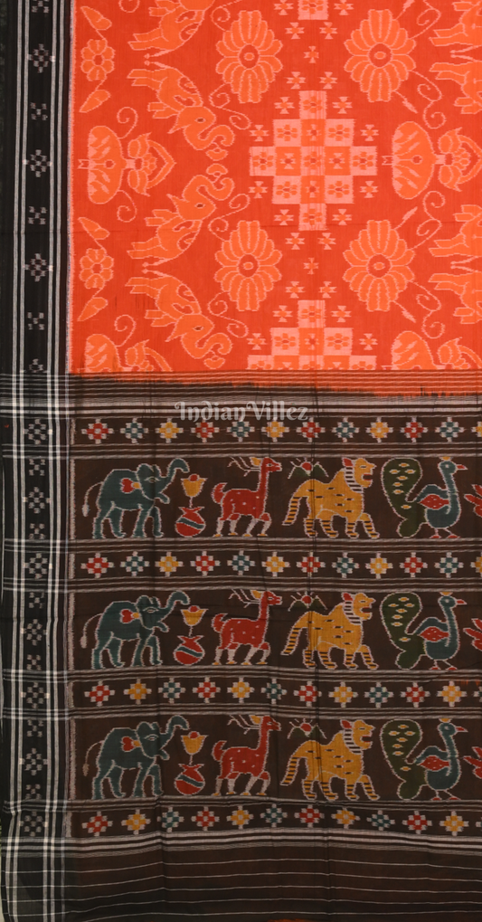 Orange Black Odisha Ikat Sambalpuri Pure Cotton Saree with Jungle Anchal