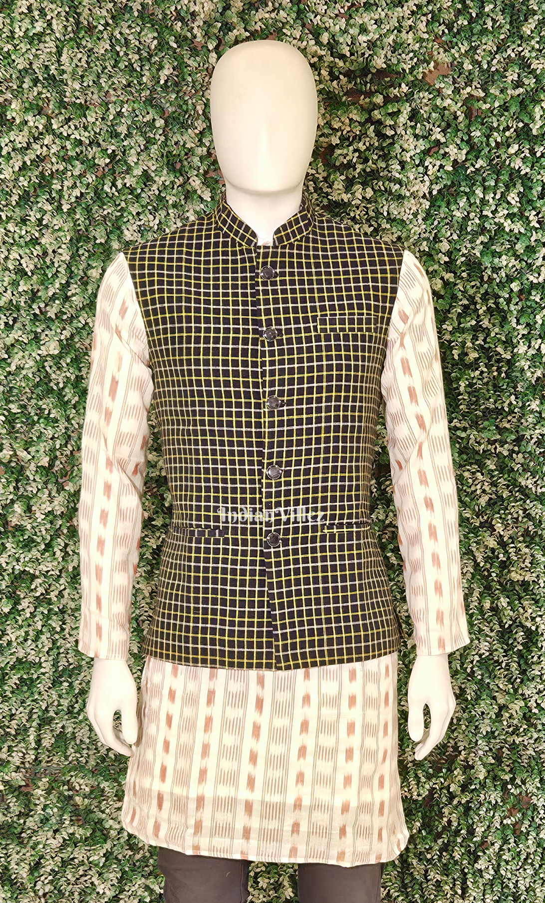  Black Yellow Kotpad Striped Design Half Bandi Jacket for Men 
