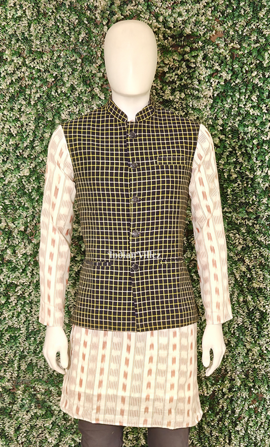  Black Yellow Kotpad Striped Design Half Bandi Jacket for Men 