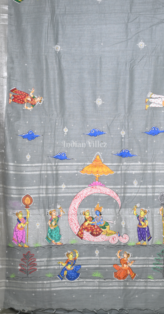 Grey Ardha Chandra Krishna Rasa Leela Hand-Painted Pattachitra Saree-(Linen)