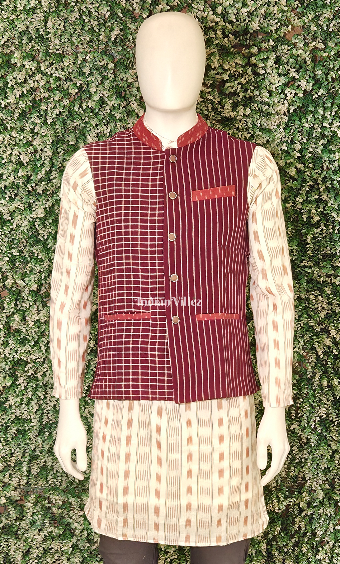 Maroon Kotpad Striped Design Half Bandi Jacket for Men
