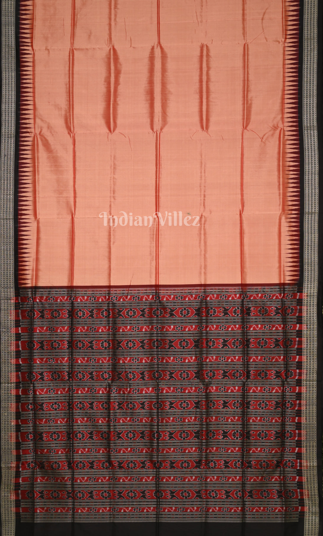 Peach Black Odisha Ikat Bomkai Sambalpuri Silk Saree