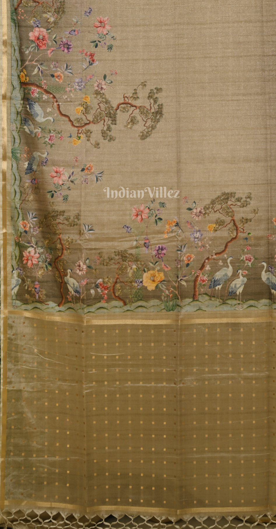 Beige Golden Tussar Silk Saree with Floral Embroidery Work