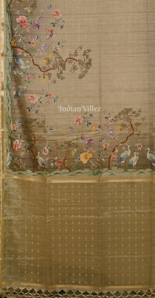 Beige Golden Tusasr Silk Saree with Floral Embroidery Work 