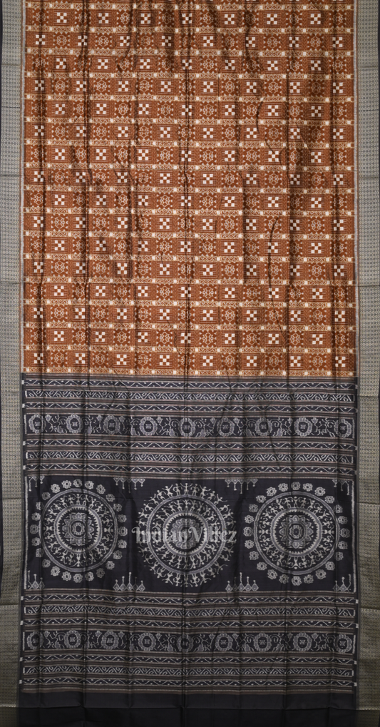 Chocolate Brown Black  Mini Pasapali Odisha Ikat Sambalpuri Silk Saree 