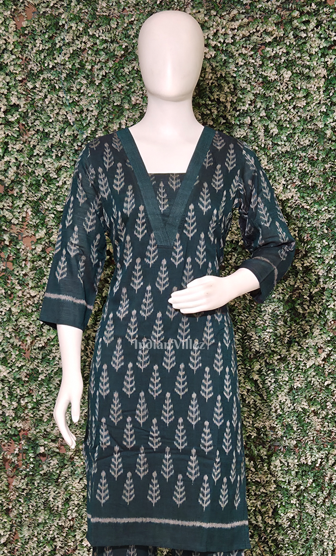 Teal Green Tree Motif Cotton Kurti Set with Pallazo