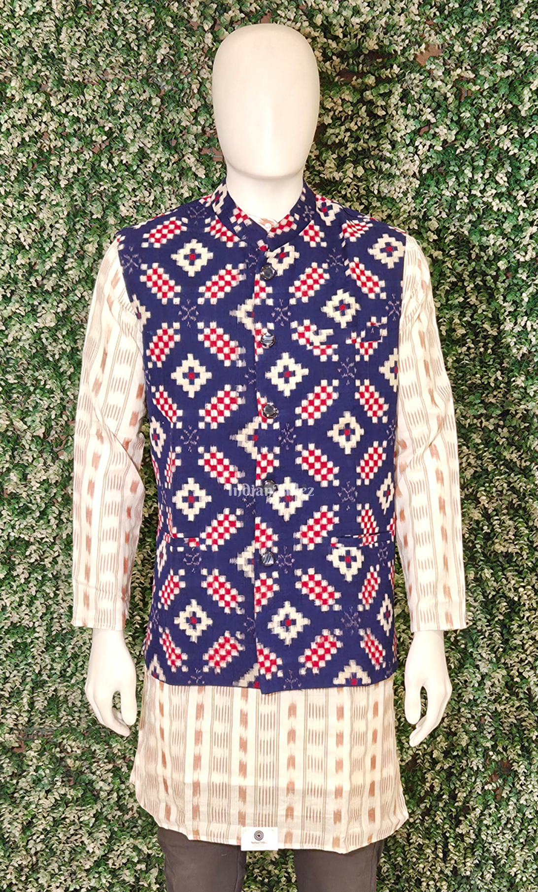 Blue Red Pasapali Odisha Ikat Half Bandi Jacket for Men