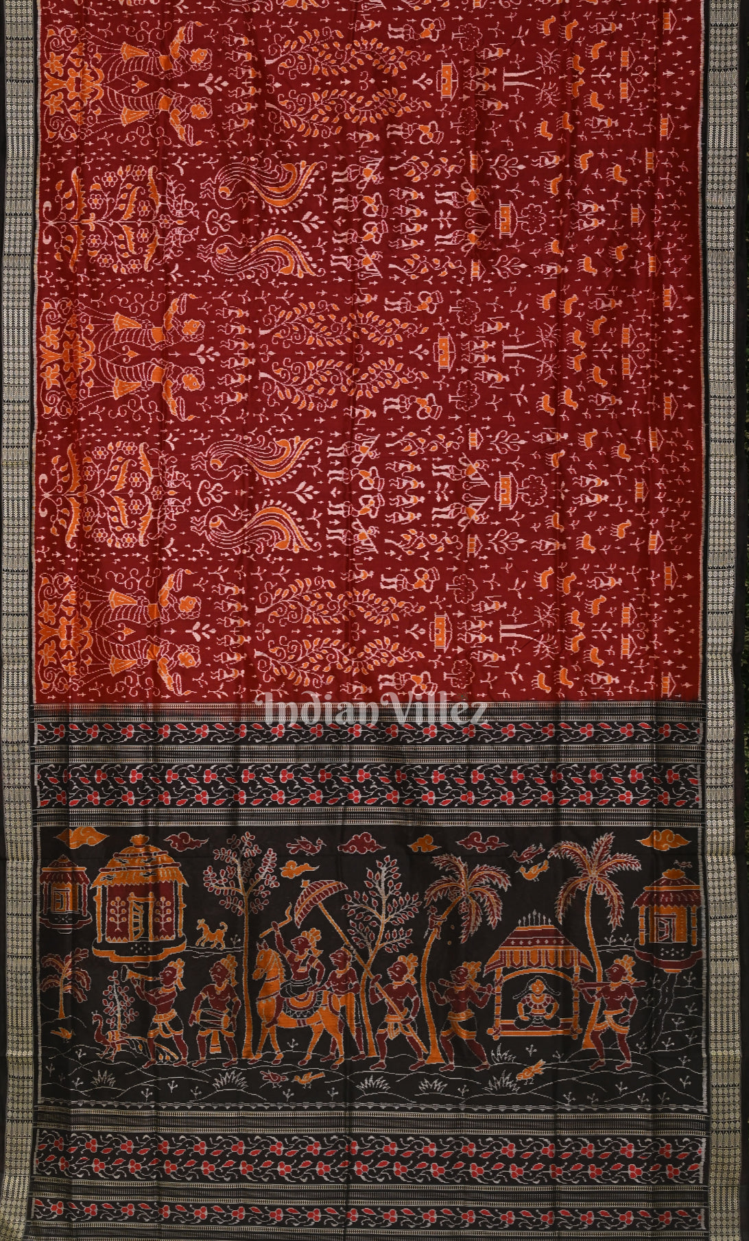 Maroon Black Tribal Diwali Theme Sambalpuri Silk Saree with Doli Barat Anchal  