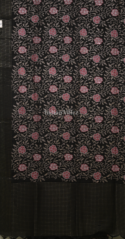 Black Tussar Silk Saree with  Pink Floral Embroidery Work