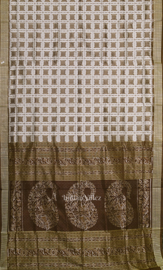 White Brown Ashwini Odisha Ikat Sambalpuri Silk Saree