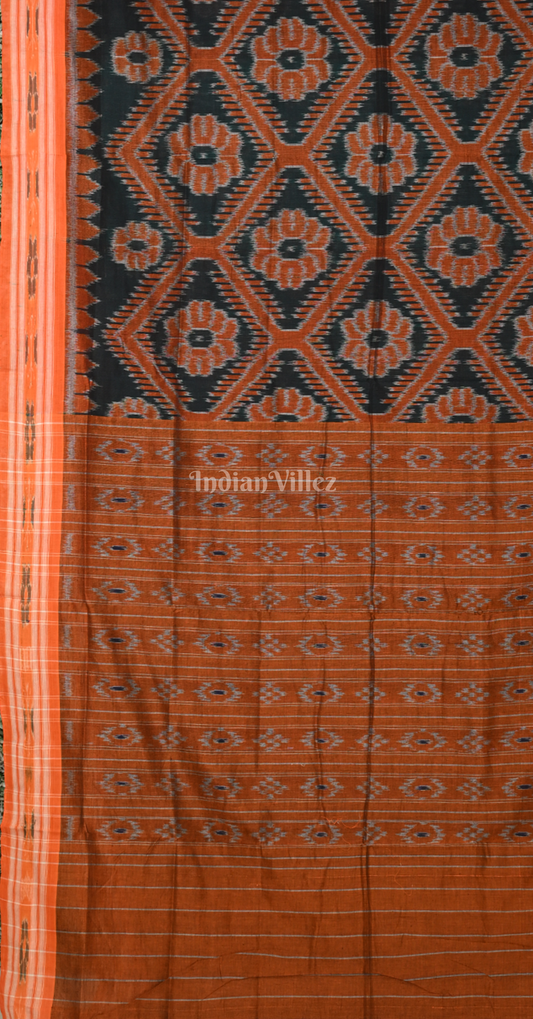 Bottle Green Brown Bada Phula Odisha Ikat Maniabandha Cotton Saree 