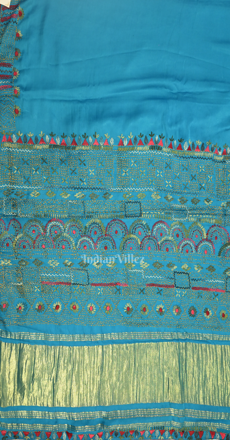 Sky Blue Kutch Embroidery Work Gaji Silk Saree 